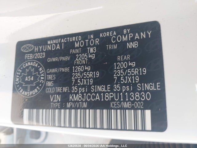 12625538 :رقم المزاد ، KM8JCCA18PU113830 vin ، 2023 Hyundai Tucson Luxury Hybrid Awd مزاد بيع