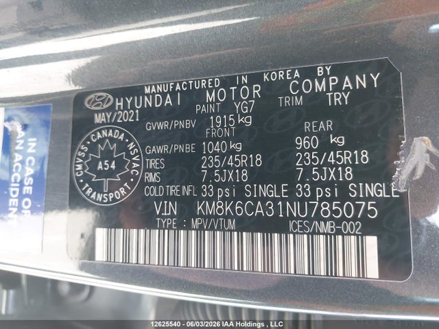 2022 Hyundai Kona Le N Line Awd მანქანა იყიდება აუქციონზე, vin: KM8K6CA31NU785075, აუქციონის ნომერი: 12625540