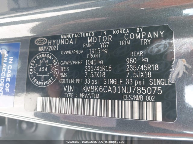 2022 Hyundai Kona Le N Line Awd მანქანა იყიდება აუქციონზე, vin: KM8K6CA31NU785075, აუქციონის ნომერი: 12625540