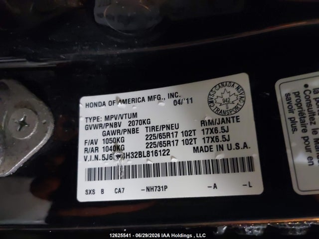 Продаж на аукціоні авто 2011 Honda Cr-v Lx, vin: 5J6RE4H32BL816122, номер лоту: 12625541