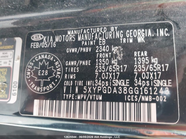 Продажа на аукционе авто 2016 Kia Sorento Lx/l, vin: 5XYPGDA38GG161243, номер лота: 12625544