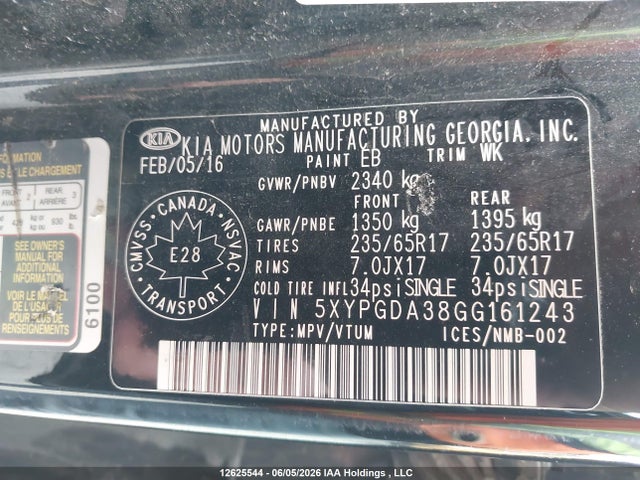 Продажа на аукционе авто 2016 Kia Sorento Lx/l, vin: 5XYPGDA38GG161243, номер лота: 12625544
