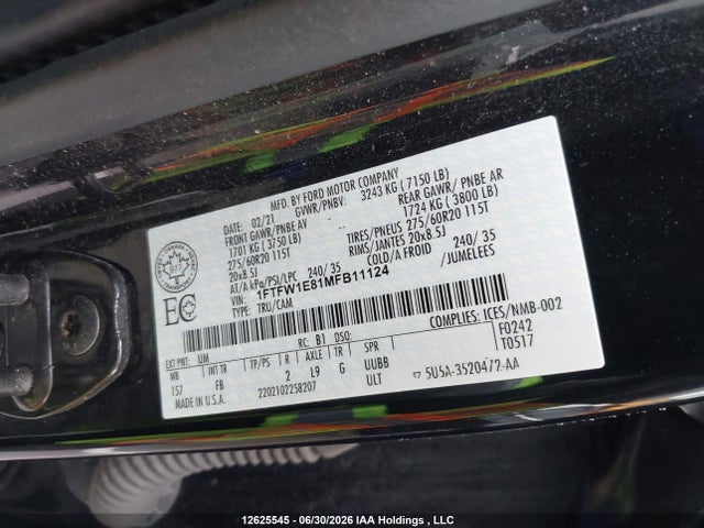 Продаж на аукціоні авто 2021 Ford F-150 Xlt, vin: 1FTFW1E81MFB11124, номер лоту: 12625545