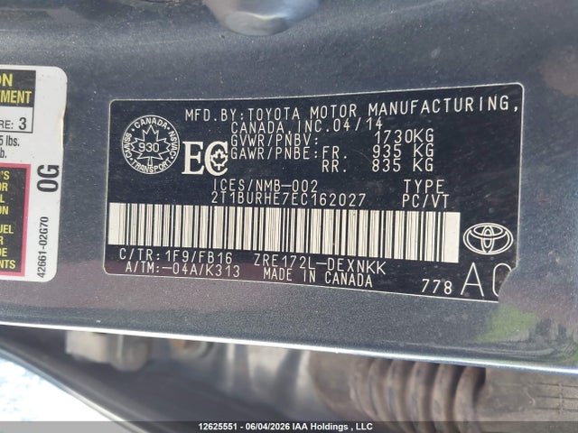2014 Toyota Corolla Le მანქანა იყიდება აუქციონზე, vin: 2T1BURHE7EC162027, აუქციონის ნომერი: 12625551