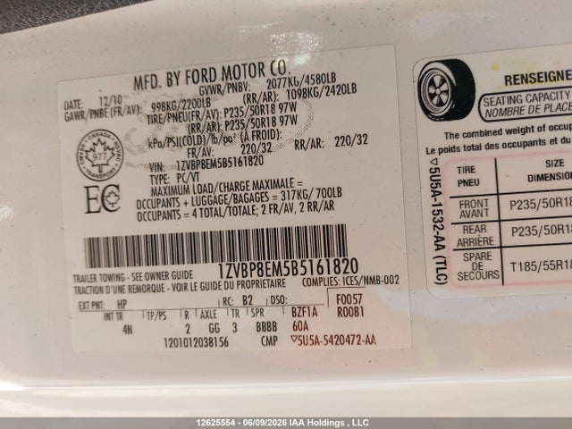 Продажа на аукционе авто 2011 Ford Mustang, vin: 1ZVBP8EM5B5161820, номер лота: 12625554