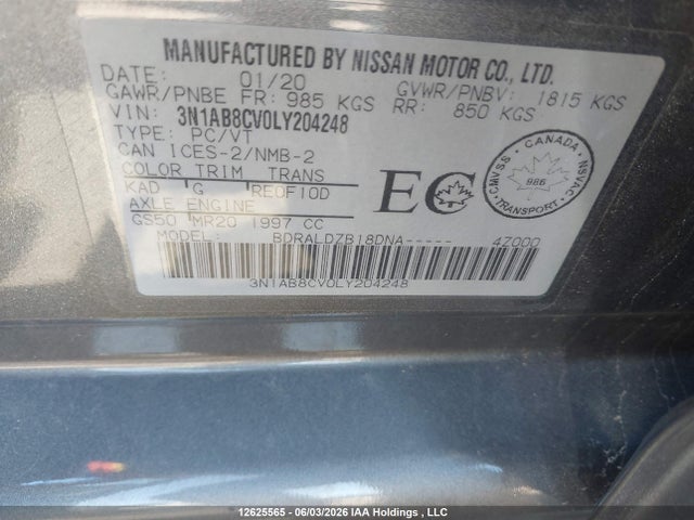 12625565 :رقم المزاد ، 3N1AB8CV0LY204248 vin ، 2020 Nissan Sentra Sv مزاد بيع