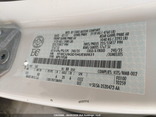 1FMCU9GD1HUE60931 Ford ESCAPE SE