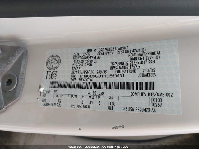 1FMCU9GD1HUE60931 Ford ESCAPE SE