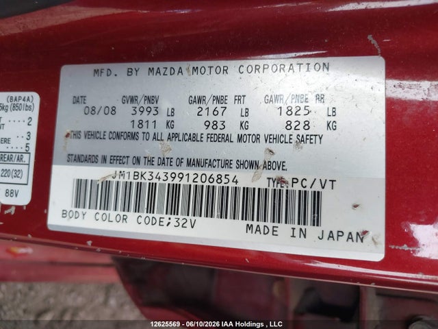 Aukcja sprzedaży 2009 Mazda Mazda3 Gs/gt, vin: JM1BK343991206854, numer aukcji: 12625569