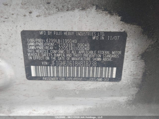 2008 Subaru Impreza 2.5 I მანქანა იყიდება აუქციონზე, vin: JF1GH61618H818238, აუქციონის ნომერი: 12625580