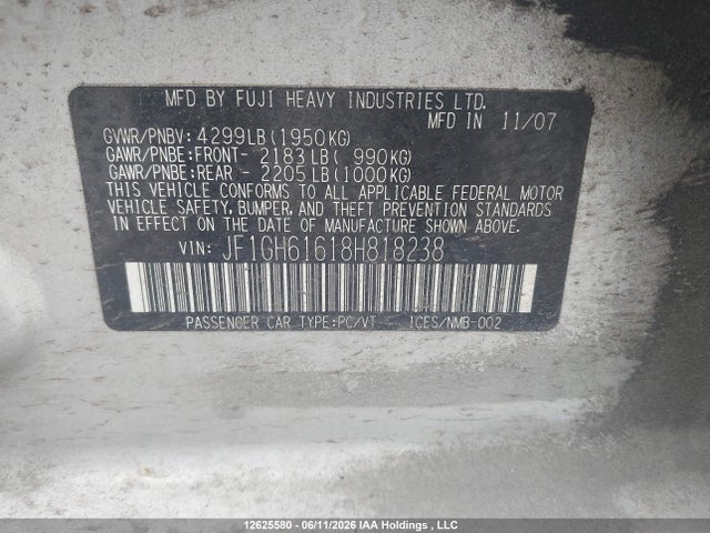 2008 Subaru Impreza 2.5 I მანქანა იყიდება აუქციონზე, vin: JF1GH61618H818238, აუქციონის ნომერი: 12625580