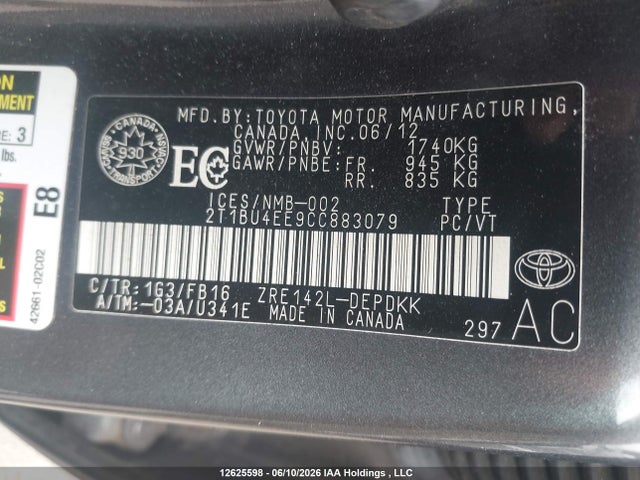 2012 Toyota Corolla Ce მანქანა იყიდება აუქციონზე, vin: 2T1BU4EE9CC883079, აუქციონის ნომერი: 12625598