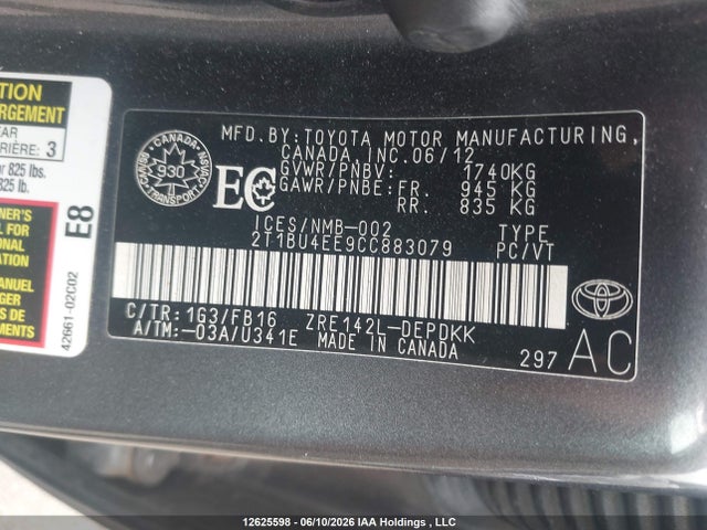 2012 Toyota Corolla Ce მანქანა იყიდება აუქციონზე, vin: 2T1BU4EE9CC883079, აუქციონის ნომერი: 12625598