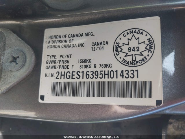 2005 Honda Civic Se მანქანა იყიდება აუქციონზე, vin: 2HGES16395H014331, აუქციონის ნომერი: 12625605