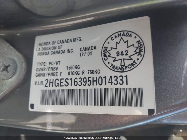 2005 Honda Civic Se მანქანა იყიდება აუქციონზე, vin: 2HGES16395H014331, აუქციონის ნომერი: 12625605