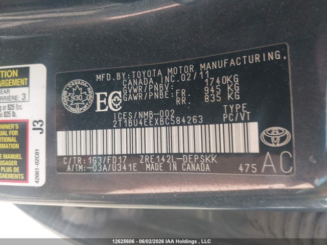 12625606 :رقم المزاد ، 2T1BU4EEXBC584263 vin ، 2011 Toyota Corolla مزاد بيع