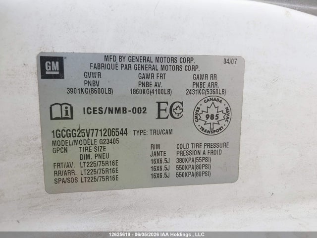 Aukcja sprzedaży 2007 Chevrolet Express G2500, vin: 1GCGG25V771206544, numer aukcji: 12625619
