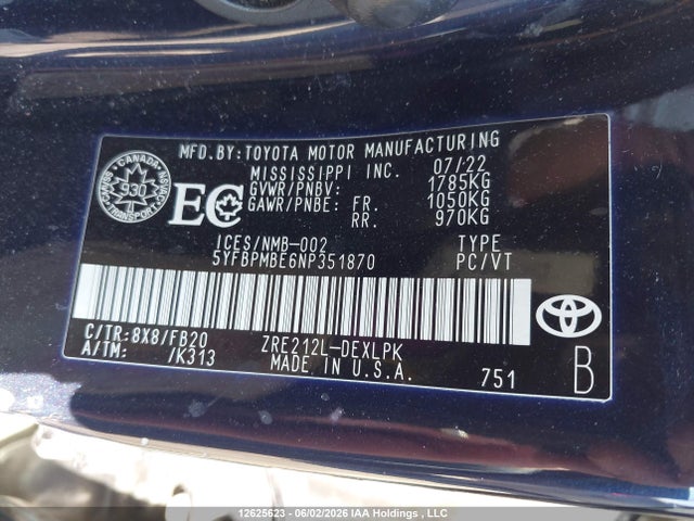 5YFBPMBE6NP351870 Toyota COROLLA LE