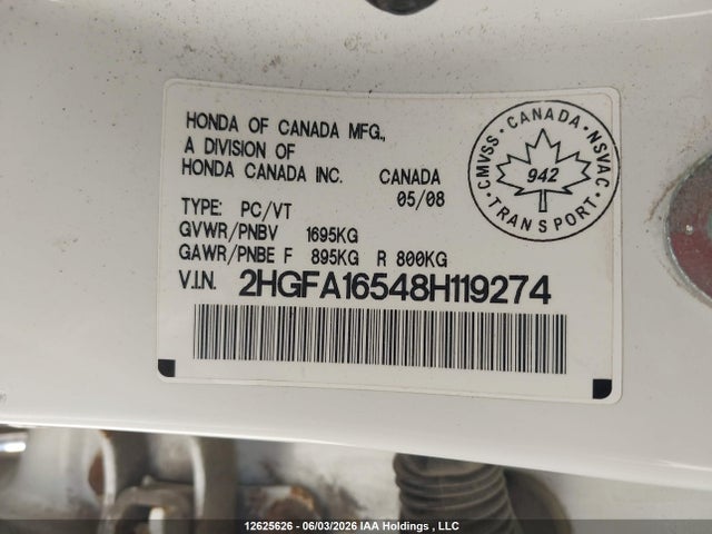Aukcja sprzedaży 2008 Honda Civic Lx, vin: 2HGFA16548H119274, numer aukcji: 12625626