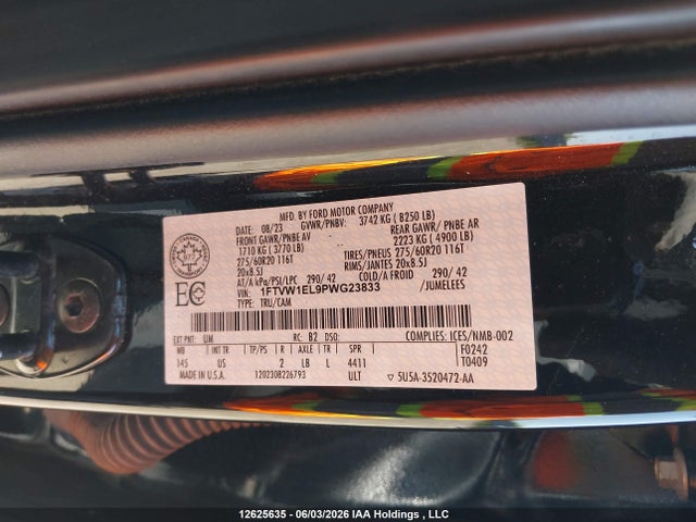 12625635 :رقم المزاد ، 1FTVW1EL9PWG23833 vin ، 2023 Ford F150 Lightning Pro/lightning Xlt/lightning Lariat مزاد بيع