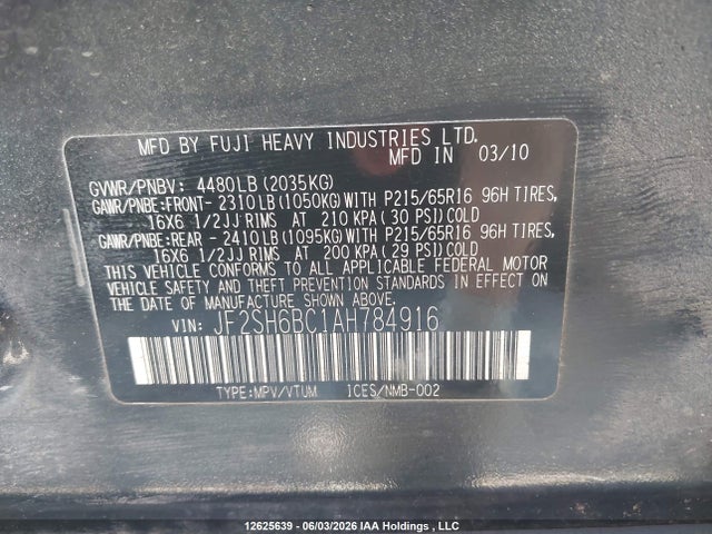 2010 Subaru Forester Xs მანქანა იყიდება აუქციონზე, vin: JF2SH6BC1AH784916, აუქციონის ნომერი: 12625639