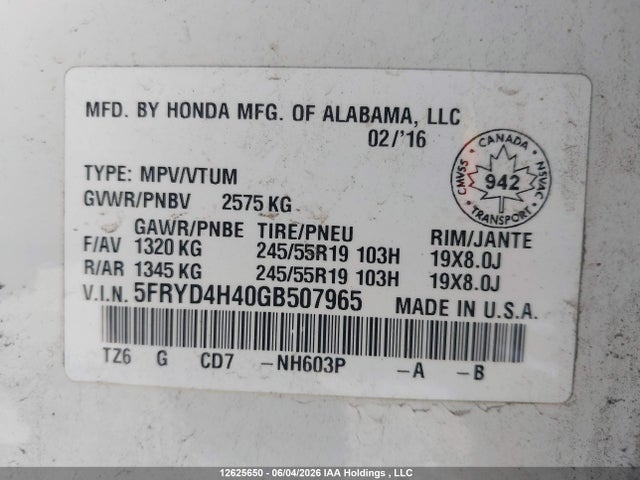 12625650 :رقم المزاد ، 5FRYD4H40GB507965 vin ، 2016 Acura Mdx Navigation Package مزاد بيع