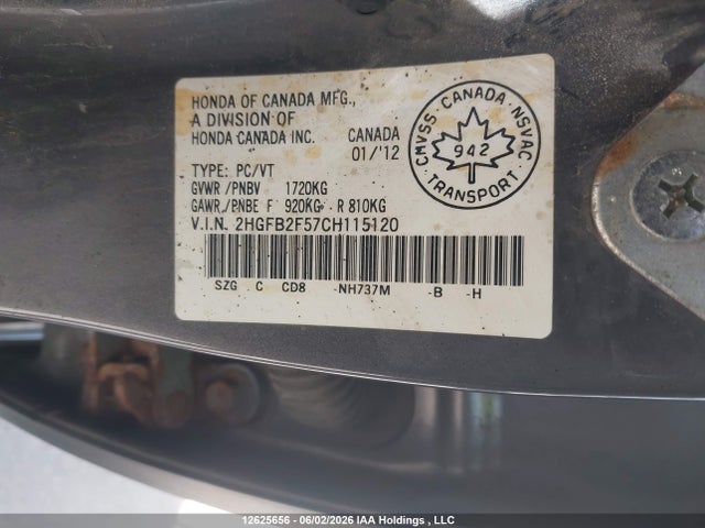 2012 Honda Civic Ex მანქანა იყიდება აუქციონზე, vin: 2HGFB2F57CH115120, აუქციონის ნომერი: 12625656