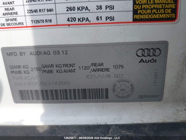 2012 Audi A3 Premium Plus მანქანა იყიდება აუქციონზე, vin: WAUMFCFM5CA143565, აუქციონის ნომერი: 12625671