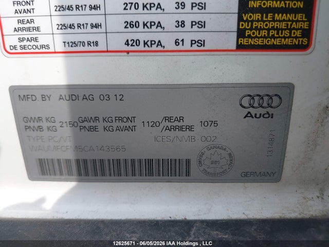2012 Audi A3 Premium Plus მანქანა იყიდება აუქციონზე, vin: WAUMFCFM5CA143565, აუქციონის ნომერი: 12625671