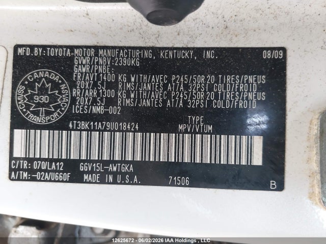 Aukcja sprzedaży 2009 Toyota Venza, vin: 4T3BK11A79U018424, numer aukcji: 12625672