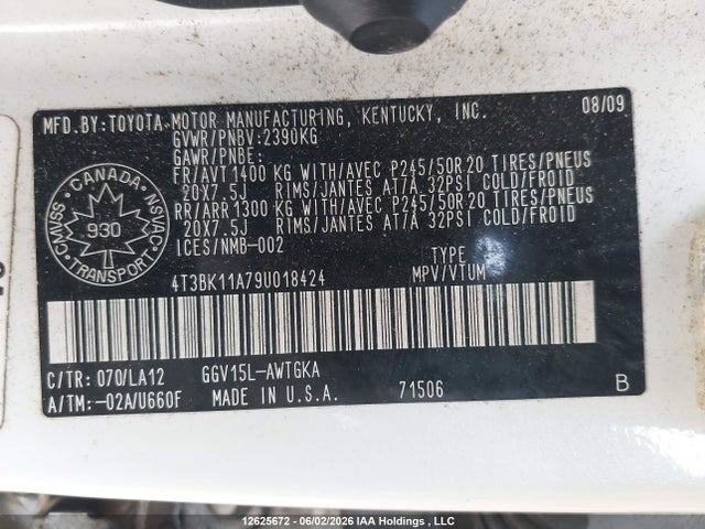 Aukcja sprzedaży 2009 Toyota Venza, vin: 4T3BK11A79U018424, numer aukcji: 12625672