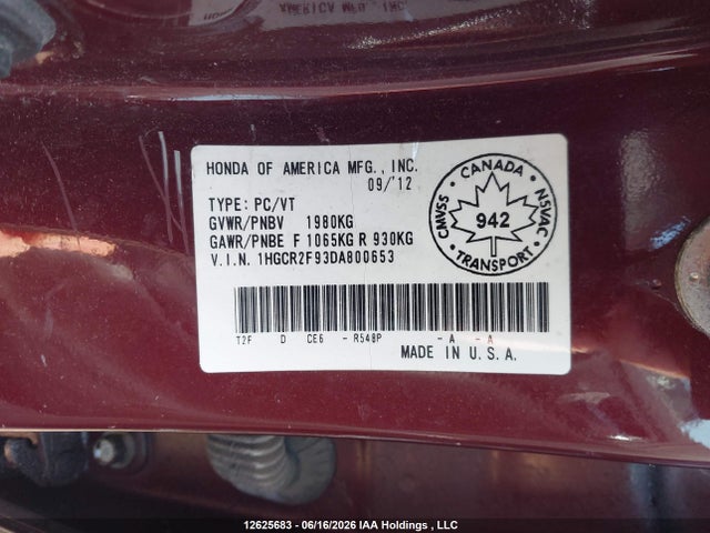 Продаж на аукціоні авто 2013 Honda Accord Touring, vin: 1HGCR2F93DA800653, номер лоту: 12625683