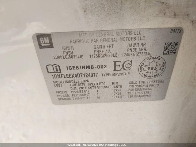 Aukcja sprzedaży 2013 Chevrolet Equinox Lt, vin: 1GNFLEEK4DZ124077, numer aukcji: 12625685
