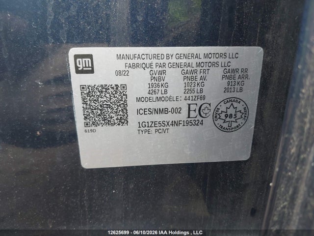 2022 Chevrolet Malibu მანქანა იყიდება აუქციონზე, vin: 1G1ZE5SX4NF195324, აუქციონის ნომერი: 12625699