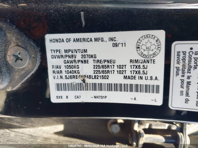 2011 Honda Cr-v Lx მანქანა იყიდება აუქციონზე, vin: 5J6RE4H34BL821502, აუქციონის ნომერი: 12625701