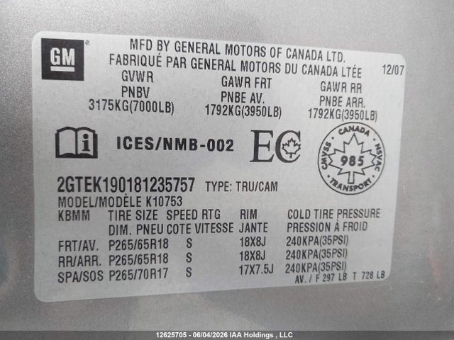 12625705 :رقم المزاد ، 2GTEK190181235757 vin ، 2008 Gmc Sierra 1500 Sle/slt/wt مزاد بيع