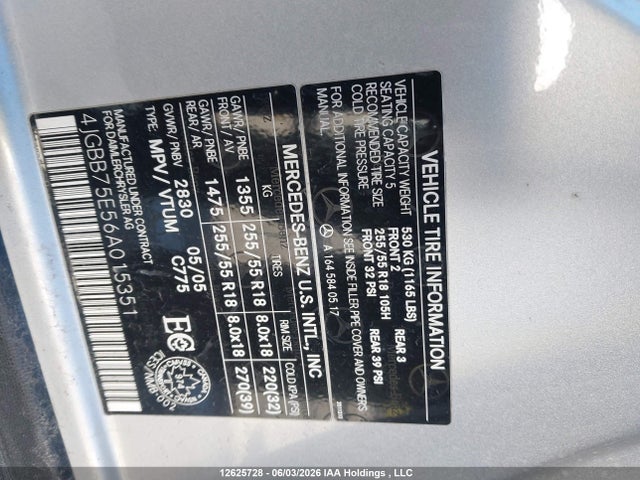 Продажа на аукционе авто 2006 Mercedes-benz Ml 500, vin: 4JGBB75E56A015351, номер лота: 12625728