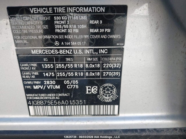 Продажа на аукционе авто 2006 Mercedes-benz Ml 500, vin: 4JGBB75E56A015351, номер лота: 12625728