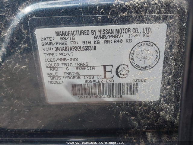 Aukcja sprzedaży 2016 Nissan Sentra 1.8 S/1.8 Sl/1.8 Sr/1.8 Sv, vin: 3N1AB7AP3GL655319, numer aukcji: 12625732