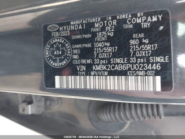 2023 Hyundai Kona Preferred Awd მანქანა იყიდება აუქციონზე, vin: KM8K2CAB6PU023446, აუქციონის ნომერი: 12625738