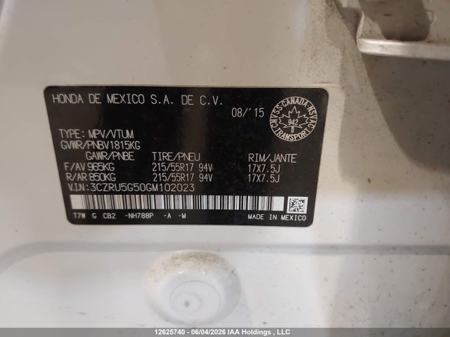 12625740 :رقم المزاد ، 3CZRU5G50GM102023 vin ، 2016 Honda Hr-v Ex مزاد بيع