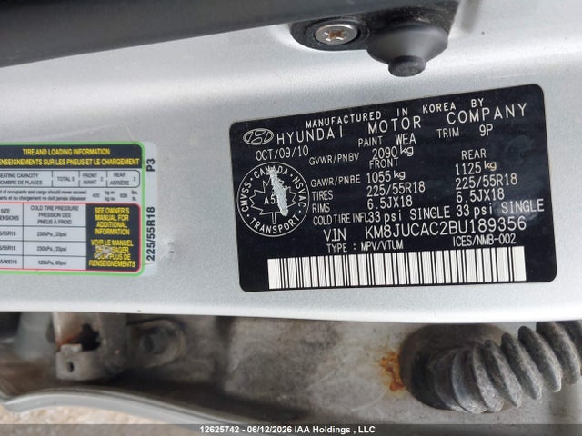 2011 Hyundai Tucson Limited მანქანა იყიდება აუქციონზე, vin: KM8JUCAC2BU189356, აუქციონის ნომერი: 12625742