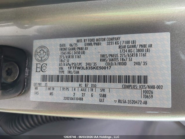 Auction sale of the 2025 Ford F150 Xlt, vin: 1FTFW3L83SKE50017, lot number: 12625746