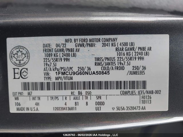 12625763 :رقم المزاد ، 1FMCU9G60NUA50845 vin ، 2022 Ford Escape Se مزاد بيع