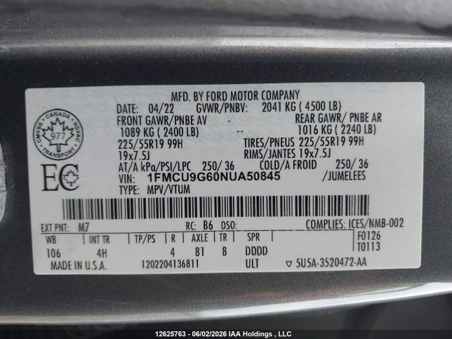 12625763 :رقم المزاد ، 1FMCU9G60NUA50845 vin ، 2022 Ford Escape Se مزاد بيع