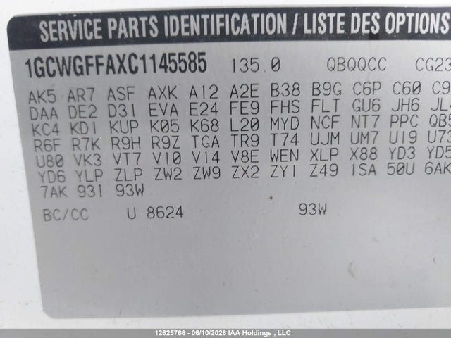 Продаж на аукціоні авто 2012 Chevrolet Express G2500, vin: 1GCWGFFAXC1145585, номер лоту: 12625766