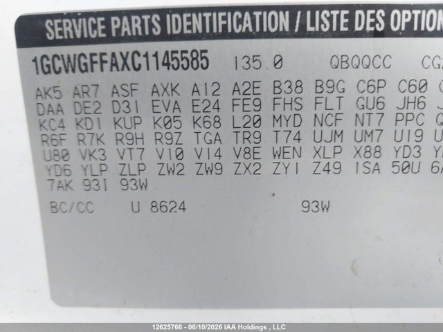 Продаж на аукціоні авто 2012 Chevrolet Express G2500, vin: 1GCWGFFAXC1145585, номер лоту: 12625766