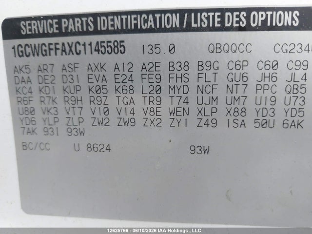 Продаж на аукціоні авто 2012 Chevrolet Express G2500, vin: 1GCWGFFAXC1145585, номер лоту: 12625766