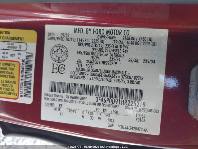 12625777 :رقم المزاد ، 3FA6P0D91HR225219 vin ، 2017 Ford Fusion Titanium مزاد بيع