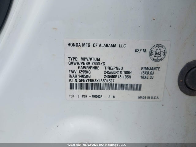 Продаж на аукціоні авто 2018 Honda Pilot Exl, vin: 5FNYF6H8XJB501527, номер лоту: 12625780